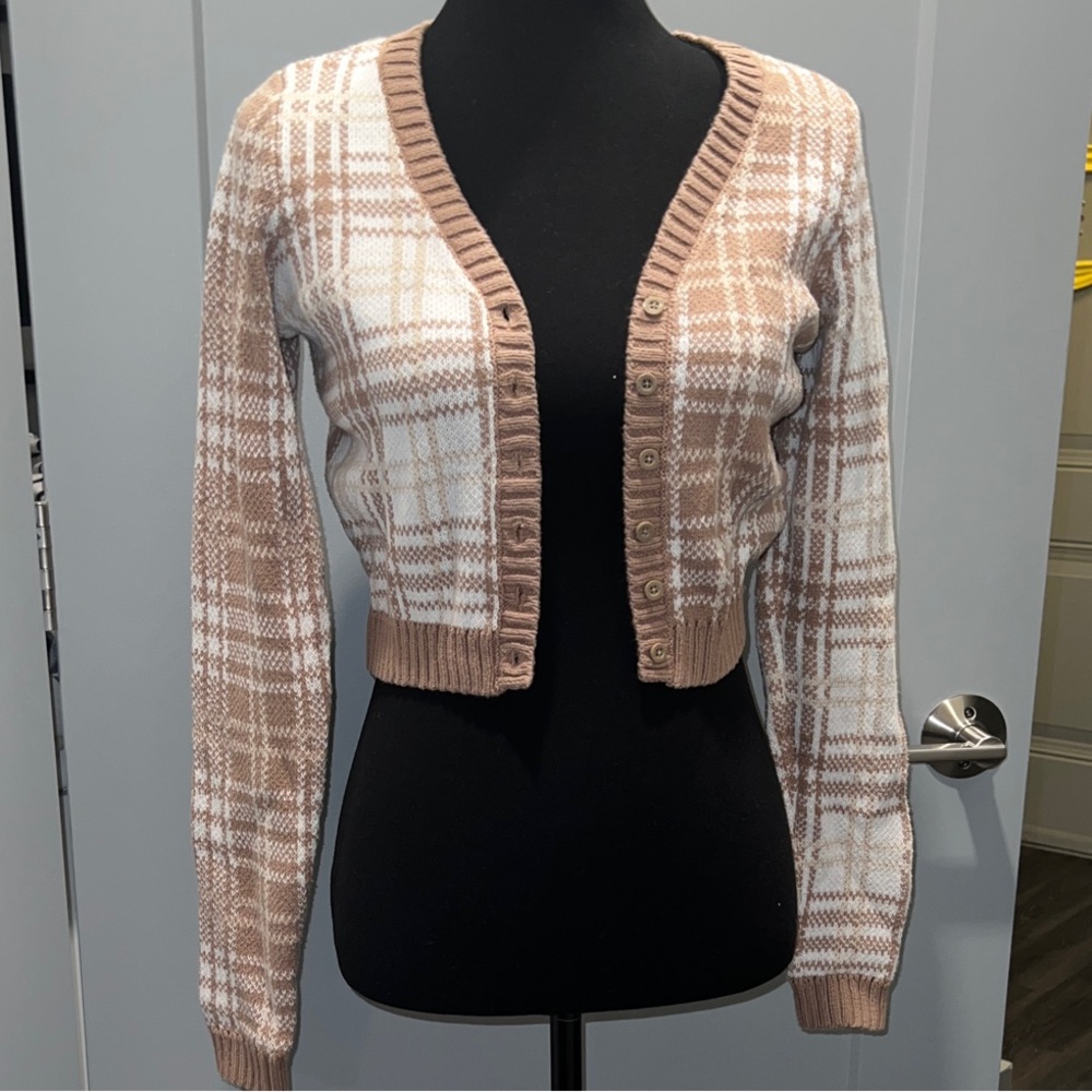Hollister White, Cream, & Tan Plaid Cardigan